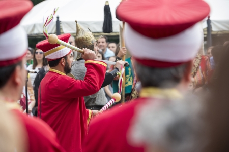 BUCHAREST, ROMANIA - MAY 17: Unidentified member of traditional military turkish band performes at drums during the celebratory events Turkish Festival on May 17, 2012 in Bucharest, Romania.のeditorial素材
