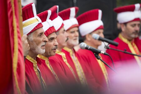 BUCHAREST, ROMANIA - MAY 17: Turkish traditional military fanfare "Mehter" performes live for the audience during the celebratory events Turkish Festival on May 17, 2012 in Bucharest, Romania.のeditorial素材