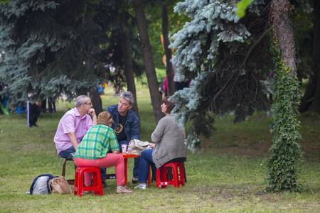 BUCHAREST, ROMANIA - MAY 17: Unidentified group of people  gather and relax in the park during the celebratory event Turkish Festival on May 17, 2013 in Bucharest, Romania.のeditorial素材