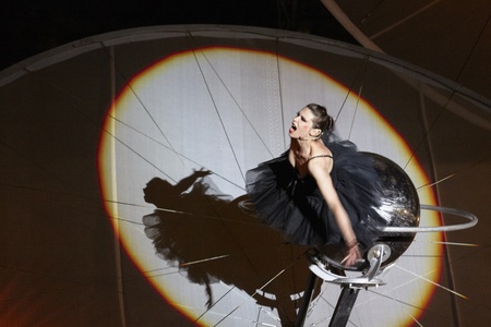 BUCHAREST, ROMANIA - JUNE 1: Cie Off company woman artist performs her Paraboles show act during the...