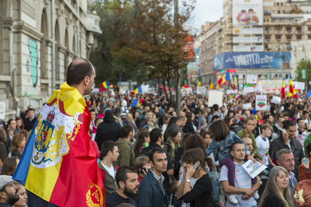 People protest against cyanide gold extraction in Rosia Montana on Sept 22, 2013 in Bucharest, Romania のeditorial素材