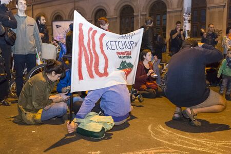 People protest against cyanide gold extraction in Rosia Montana on Sept 22, 2013 in Bucharest,...