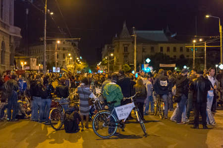 People protest against cyanide gold extraction in Rosia Montana on Sept 22, 2013 in Bucharest, Romania のeditorial素材