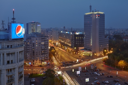 BUCHAREST, ROMANIA - OCTOBER 13: BRD Tower in Victory Square at night on October 13, 2013 in Bucharest, Romania. It is a class A office building with 19 floors and 37,000 sqm.のeditorial素材
