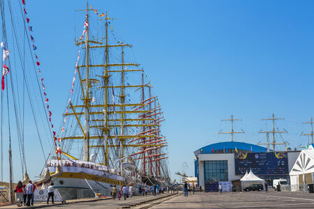 CONSTANTA, ROMANIA - MAY 25: Unidentified tourists visit Romanian tall ship Mircea and Russian tall...