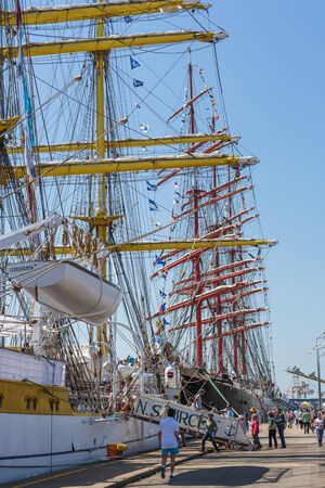 CONSTANTA, ROMANIA - MAY 25: Unidentified tourists embark and visit the Romanian tall ship Mircea docked during Black Sea Tall Ships Regatta 2014 on May 25, 2014 in Constanta port, Romania.のeditorial素材