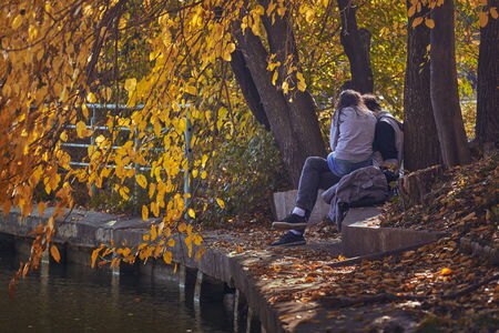 BUCHAREST, ROMANIA - OCTOBER 23, 2013: Unidentified young lovers embrace under trees in autumn. Young adults population percent is higher in Romania than in any other Western country, except Slovenia.のeditorial素材