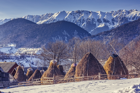 Winter rural landscape with traditional Romanian farm with sheep pen and haystacks near Piatra Craiului massif in Magura village, Brasov county, Romania.の写真素材