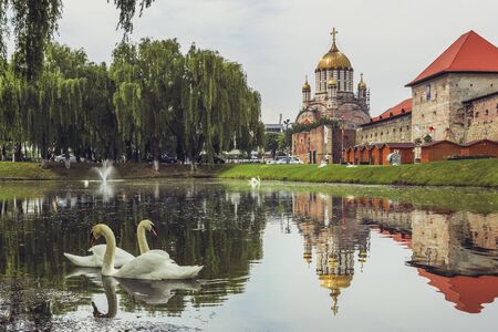 FAGARAS, ROMANIA - JUNE 4, 2015: Fagaras fortress, built around 1310, surrounded by a wide defensive ditch filled with water, one of the largest and best preserved feudal castles in Eastern Europe.のeditorial素材