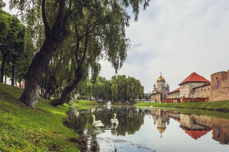 FAGARAS, ROMANIA - JUNE 4, 2015: Fagaras fortress, built around 1310, surrounded by a wide defensive ditch filled with water, one of the largest and best preserved feudal castles in Eastern Europe.のeditorial素材