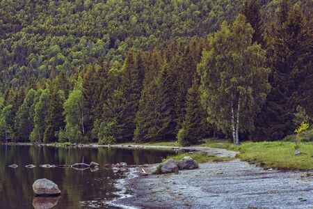 Peaceful scenery with the shore and calm translucent waters of the Saint Ana (Sfanta Ana) lake, Romania.の写真素材