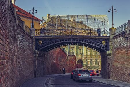 SIBIU, ROMANIA - 13 NOVEMBER, 2015: The Bridge of Lies that connects the Small Square with Huet Square in Sibiu. Built in 1859, it is the first wrought iron bridge in Romania.のeditorial素材