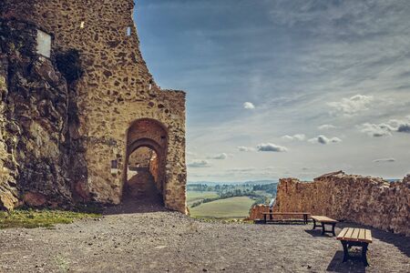 Rupea, Romania - October 10, 2015: Fortified walls of the medieval Rupea citadel, first attested in 1324, one of the oldest archaeological sites in Romania.のeditorial素材