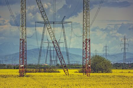 High voltage electricity transmission poles network across blooming rapeseed field on a cloudy...