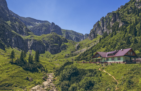 Bucegi Mountains, Romania - 16 July, 2016: Malaiesti cottage situated at 1720m altitude in Malaiesti Valley, the most spectacular valley in Bucegi mountains.のeditorial素材