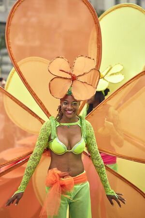 Bucharest, Romania - May 29, 2014: Female dancer in exotic colorful carnival costume performs The...