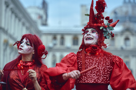 Bucharest, Romania - May 29, 2014: The Red Hearts show of the performers from the Mademoiselle Paillette Company during the B-Fit International Street Theater Festival in the historic center.のeditorial素材
