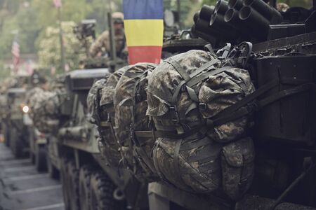 Brasov, Romania - May 14, 2015: American convoy of troops and armored vehicles march through Brasov city on their way to Cincu to take part in an international drill.のeditorial素材