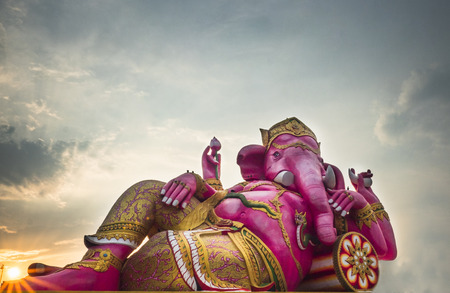 Great pink color elephant head god of Hindu is base on out door in Chachoengsao, Thailandの写真素材