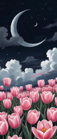 A dreamy digital painting of a vast field of pink tulips under a night sky with crescent moons and stars. The tulips gently sway in the moonlit breeze, and the pink clouds create a surreal and enchanting landscape.の素材