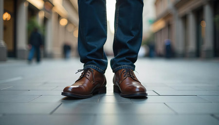 A close-up view of a person's legs and feet wearing polished brown leather shoes. The individual stands on a wet street, with urban lights reflecting in the background, adding a modern city vibe to the scene.の素材