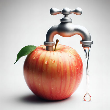 Water dripping from the tap of red apple. 3D illustration.の素材
