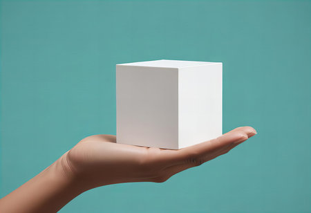 A minimalist image of a hand gently holding a plain white cube against a light teal background, conveying simplicity and elegance.の素材