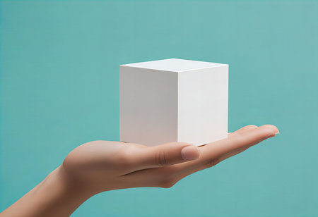 A minimalist image of a hand gently holding a plain white cube against a light teal background, conveying simplicity and elegance.の素材