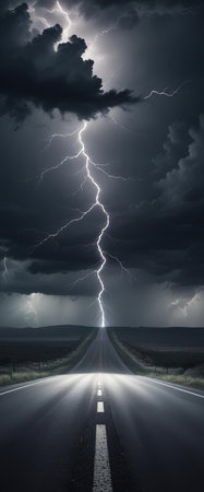 A dramatic image of a long, empty road stretching into the distance, under a stormy sky lit by a powerful lightning strike. The scene captures the raw power of nature.の素材