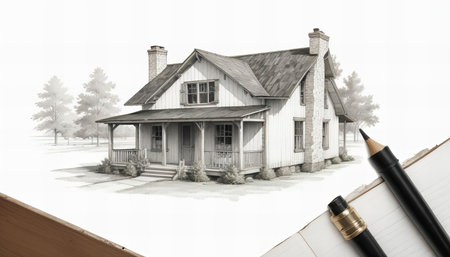 A detailed pencil sketch of a two-story wooden house with a porch and gabled roof. The architectural drawing captures the rustic charm and classic design of a cozy home, with shaded details enhancing the structure.の素材