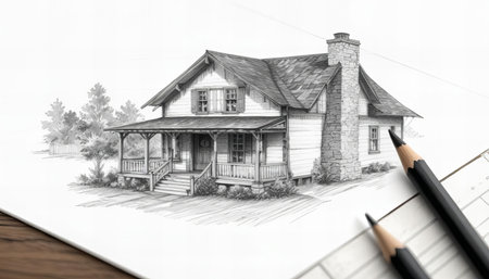 A detailed pencil sketch of a two-story wooden house with a porch and gabled roof. The architectural drawing captures the rustic charm and classic design of a cozy home, with shaded details enhancing the structure.の素材