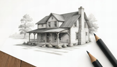 A detailed pencil sketch of a two-story wooden house with a porch and gabled roof. The architectural drawing captures the rustic charm and classic design of a cozy home, with shaded details enhancing the structure.の素材