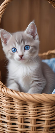 Adorable Kitten with Blue Eyes in a Woven Basket A cute gray-and-white kitten with striking blue eyes sits comfortably in a wicker basket. The kitten's fluffy fur and curious expression make it an endearing scene, while the soft background helps to draw attention to the kitten's delicate features.の素材