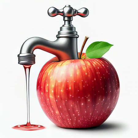 A large apple with a faucet attached, dripping fresh apple juice, representing creativity in food.の素材