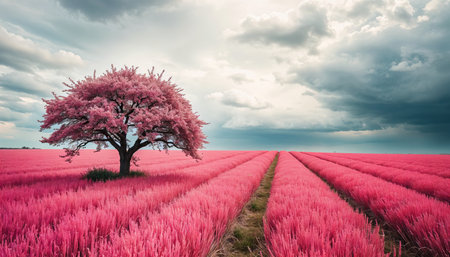 A breathtaking landscape featuring a solitary pink tree in the middle of a pink-colored field, with a vast sky filled with dramatic clouds in the backgroundの素材