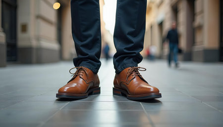 A close-up view of a person's legs and feet wearing polished brown leather shoes. The individual stands on a wet street, with urban lights reflecting in the background, adding a modern city vibe to the scene.の素材