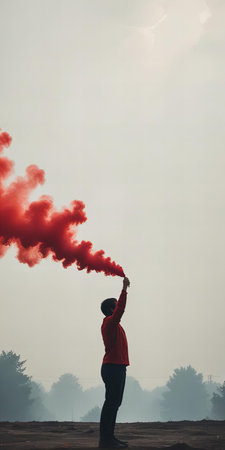 A man with his back to the camera, holding up a red smoke flare against a dramatic, cloudy sky. The flare creates a trail of vibrant red smoke, adding intensity to the atmosphere.の素材