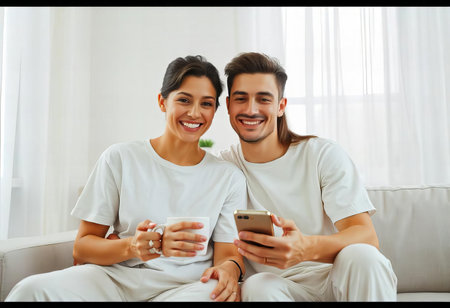 A cheerful couple dressed in white share a warm smile at a sunlit table with a soft, neutral interior. The ambiance exudes comfort, joy, and simplicity.の素材