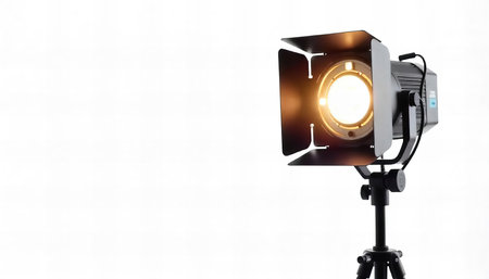 A professional studio spotlight on a tripod, casting a bright, focused beam of light, ideal for photography, filming, or stage production.の素材