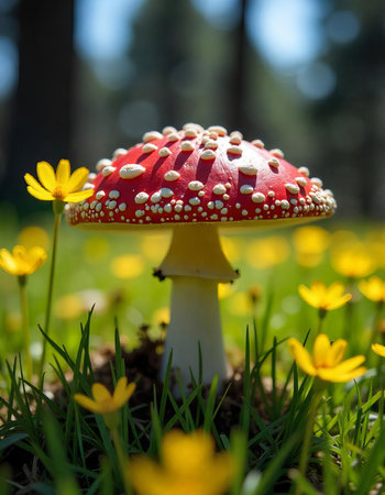 A close-up of a bright red mushroom with white spots, growing among lush green moss and foliage.の素材