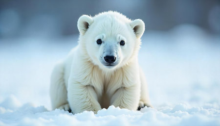 A cute polar bear cub sits in the snow, surrounded by soft falling snowflakes. The cubâs bright eyes and fluffy white fur evoke a sense of innocence and warmth, creating a cozy winter atmosphere. The blurred background enhances the focus on the cub, making this image perfect for capturing the playful, gentle spirit of wildlife in winter.Aspect Ratio: 16:9の素材