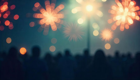 the burst of orange fireworks illuminating the dark night sky, creating a celebratory and festive ambiance. The fireworks bloom in various shapes and intensities, with bokeh effects adding depth and a dreamy quality. The dark blue background contrasts beautifully with the bright, fiery orange sparks, enhancing the sense of excitement and awe associated with celebrations and events.Aspect Ratio: 16:9の素材