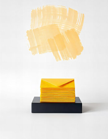 A stack of yellow envelopes neatly placed on a small black stand.の素材