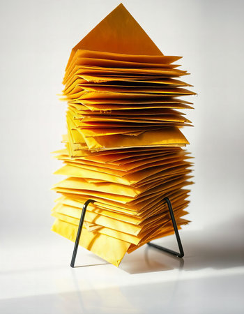 A stack of yellow envelopes neatly placed on a small black stand.の素材