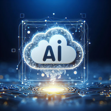 3D White Cloud Icon with Blue and Yellow Digital Light on Black Backgroundの素材