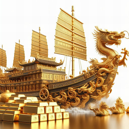A golden Chinese dragon-head junk ship sailing forward, detailed with traditional patterns and glowing gold ingots stacked below the ship.の素材