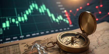 Ancient Compass with Stock Market Chart and Futuristic AI Robot Analysisの素材