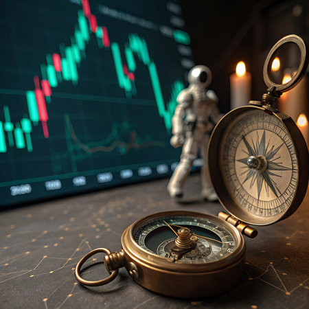 Ancient Compass with Stock Market Chart and Futuristic AI Robot Analysisの素材