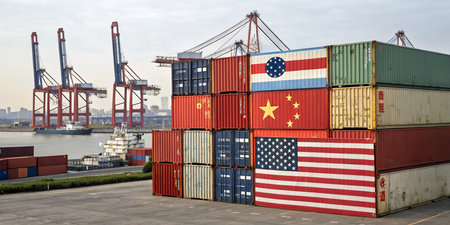 Trade War Warning with Containers and National Flagsの素材