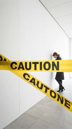 Yellow warning tape with the words "CAUTION" in black, stretched acrossの素材